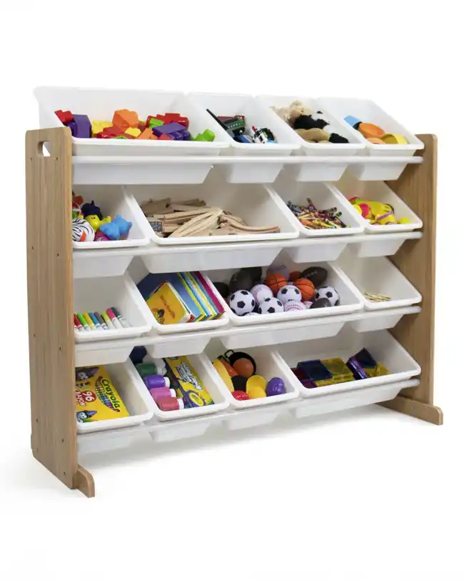 A multi-bin toy organizer with white plastic bins filled with various toys, including balls, blocks, and books, providing an excellent toy storage solution.