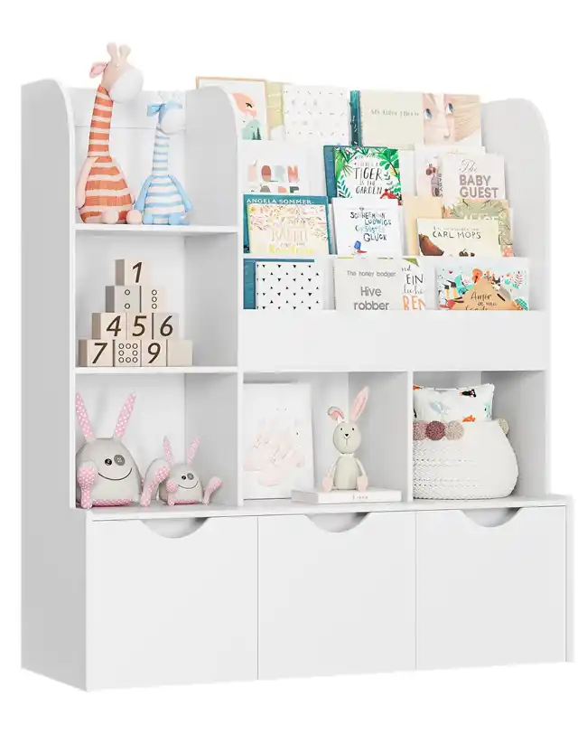 A bookcase with open shelves and closed bins, filled with books, toys, and decor items, providing a versatile and organized toy storage solution.