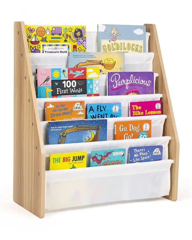 A front-facing book rack with multiple shelves, each displaying children's books with their covers facing outward, providing an organized and inviting toy storage solution for books.