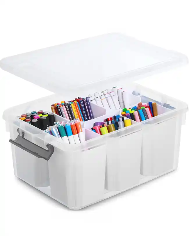 A plastic storage box with multiple compartments, filled with various art supplies like markers and pens, providing a categorized and visible craft supply storage solution.