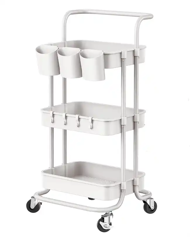 A rolling cart with multiple tiers and hanging cups, designed for organizing art and craft supplies, providing a mobile and efficient storage solution.