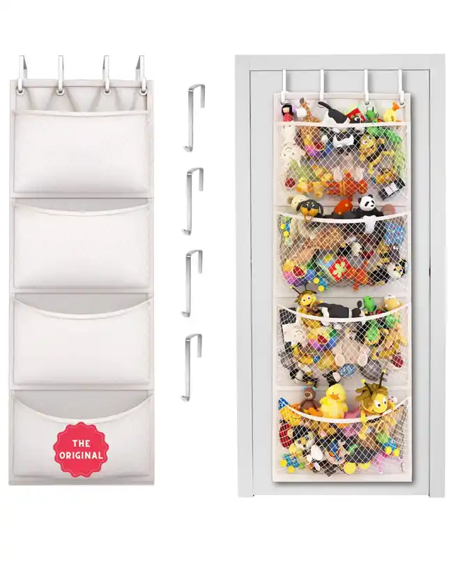 An over-the-door toy organizer with multiple mesh pockets filled with various toys, providing a space-saving and efficient toy storage solution.