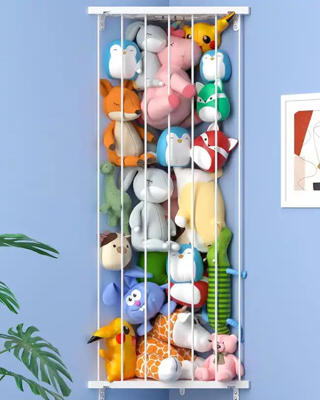 A vertical stuffed animal storage unit with elastic bands holding a variety of plush toys, providing a fun and unique toy storage solution.