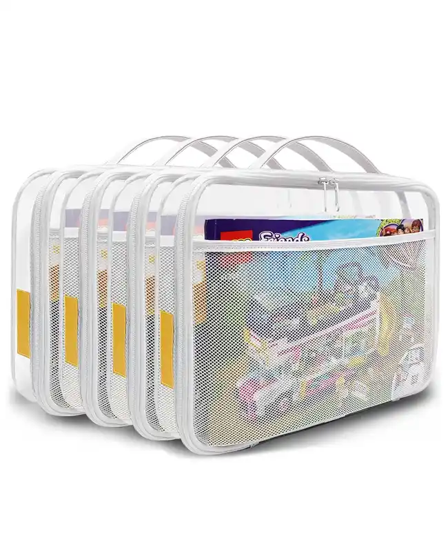 A set of clear storage bags filled with various toys, providing a portable and visible toy storage solution.