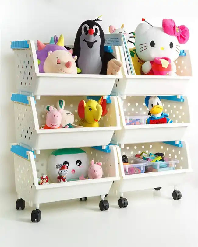 A set of rolling stacking toy bins filled with stuffed animals, books, and various toys, providing a mobile and flexible toy storage solution.