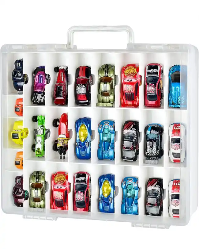 A clear portable storage case with individual compartments, each holding a toy car, providing an organized and secure storage solution for toy car collections.