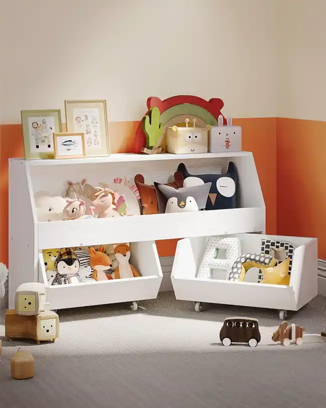 A rolling bin toy storage unit with white bins filled with stuffed animals and other toys, providing an easy and accessible toy storage solution.