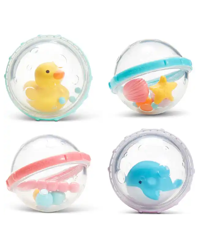 A set of four clear plastic bubbles each containing a colorful character, including a yellow duck, blue dolphin, and pink and orange sea creatures, designed to float and spin in the water.