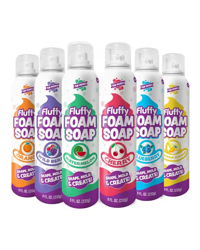 A variety pack of Tub Works Fluffy Foam Soap featuring six different scents: orange, wild berry, watermelon, cherry, blueberry, and banana mango. Each canister is designed for shaping, molding, and creating during bath time.