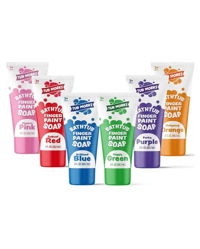 A collection of Tub Works Bathtub Finger Paint Soap in six vibrant colors: playful pink, robust red, brilliant blue, giggly green, perky purple, and outgoing orange. These soaps allow for creative bath time fun.