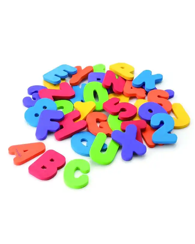 A colorful pile of foam letters and numbers designed to stick to the tub wall when wet, perfect for making bath time educational and fun for children.