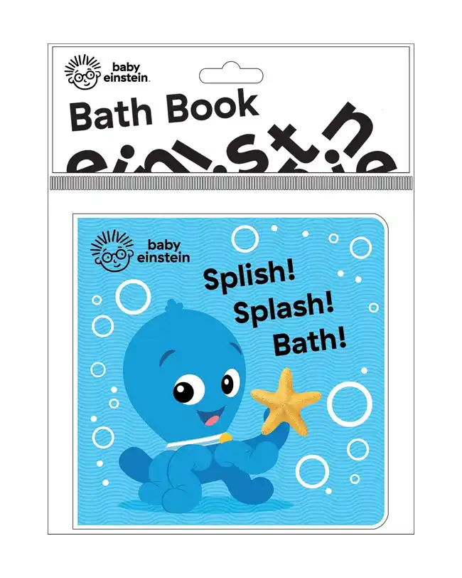 A Baby Einstein bath book titled "Splish! Splash! Bath!" featuring a cute blue character holding a starfish, designed to make bath time interactive and enjoyable for babies.