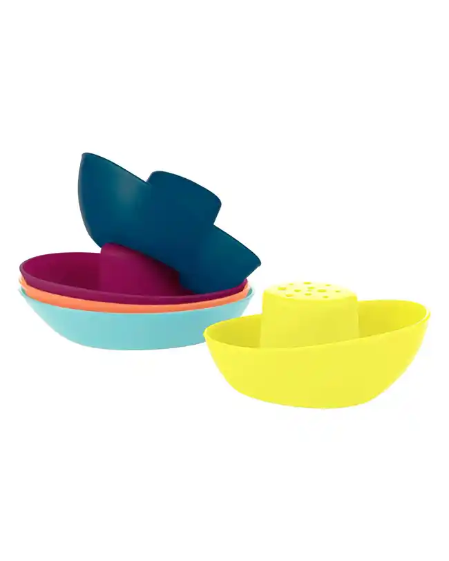 A collection of colorful stacking boats including yellow, blue, and purple vessels designed for bath time play, arranged in a nested stack.