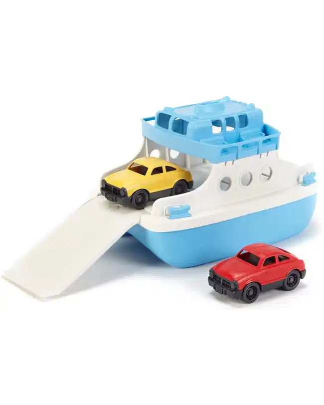 An eco-friendly blue and white ferry boat toy with a ramp, featuring a yellow and a red mini car ready to board the ferry, ideal for bath time fun.