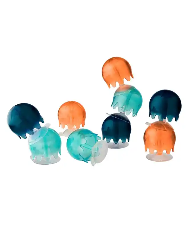 A set of colorful jellyfish-shaped baby bath toys with suction cups, featuring orange, blue, and teal colors, designed to stick to the tub walls for creative play.