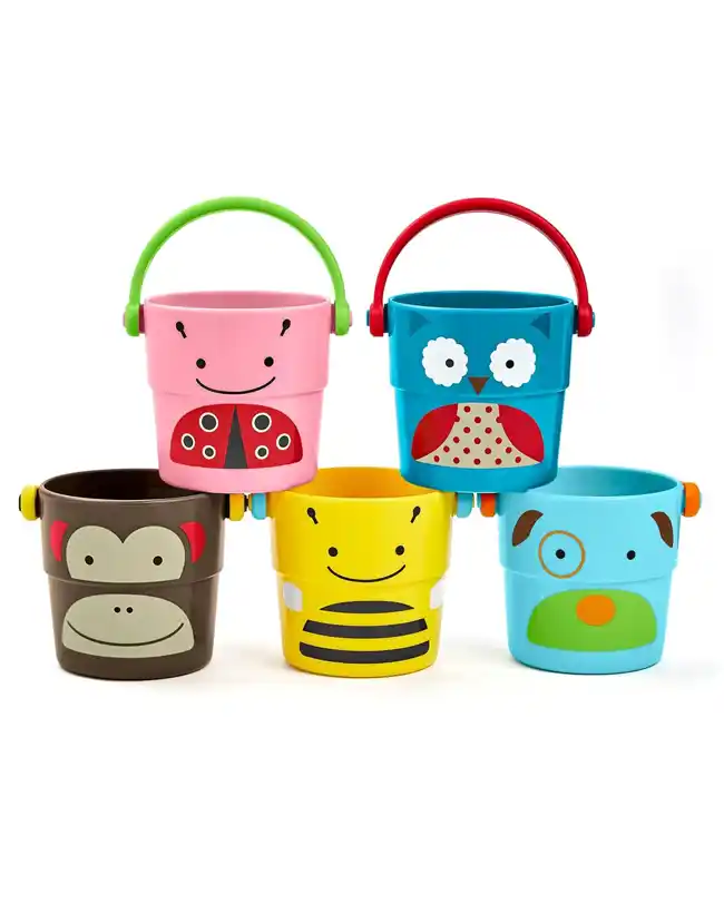 A set of five colorful stacking and pouring buckets, each with a different animal design, including a ladybug, owl, monkey, bee, and dog, perfect for interactive bath time fun.