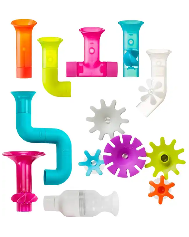 A colorful set of bath pipes and wheels, including pink, blue, yellow, and green pieces, designed to suction to the tub wall and create a fun water flow system, perfect for creative baby bath toys.