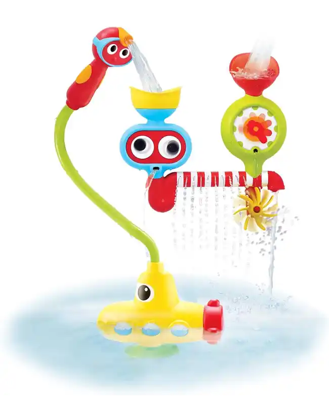 A vibrant and interactive submarine spray station toy with multiple colorful water spouts and spinning features, providing engaging water play for baby bath toys.