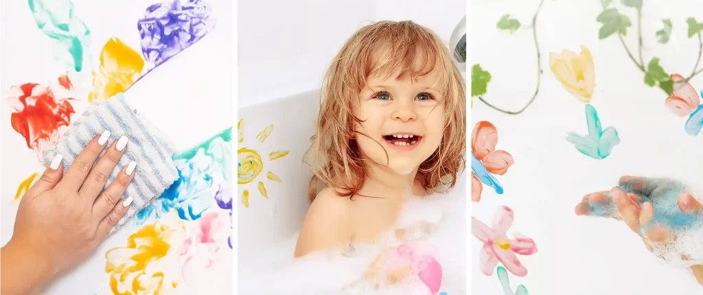 Three images showing kids using Tub Works Bathtub Finger Paint Soap to create colorful paintings on the bathtub walls. One image shows a hand wiping off the paint, another shows a happy child surrounded by their bath art, and the last image showcases the vibrant colors of the finger paint soap in action.