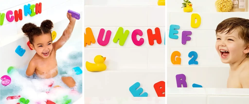 Three images showing kids playing with Munchkin Bath Letters and Numbers baby bath toys in the bathtub. The children are having fun sticking colorful foam letters and numbers to the tub wall, turning bath time into an educational and enjoyable experience.