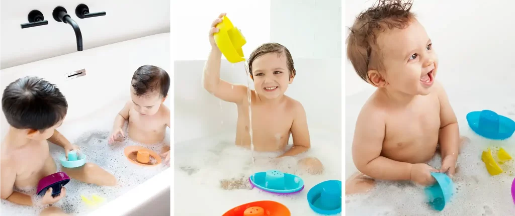 Three images showing kids playing in the bathtub with Boon Fleet Stacking Boats baby bath toys. The children are engaged and happy, stacking and pouring water with the colorful boats, adding fun to their bath time.