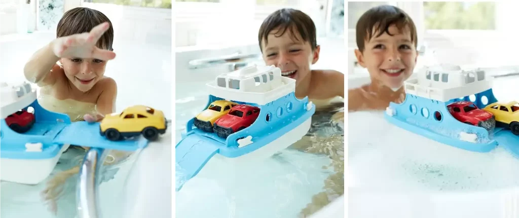 Three images showing a child playing in the bathtub with the Green Toys Ferry Boat and Mini Cars baby bath toy. The child is having fun as they navigate the ferry boat in the water with yellow and red mini cars, enhancing their bath time experience.