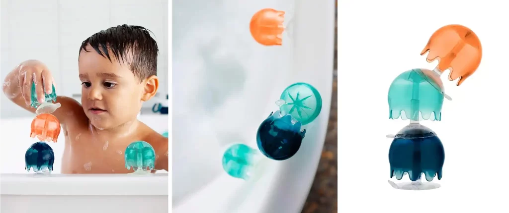 Three images showing a child playing with Boon Jellies Suction Cup baby bath toys in the bathtub. The child is seen stacking the colorful jellyfish-shaped toys, which include orange, blue, and teal colors, adding fun and creativity to bath time.