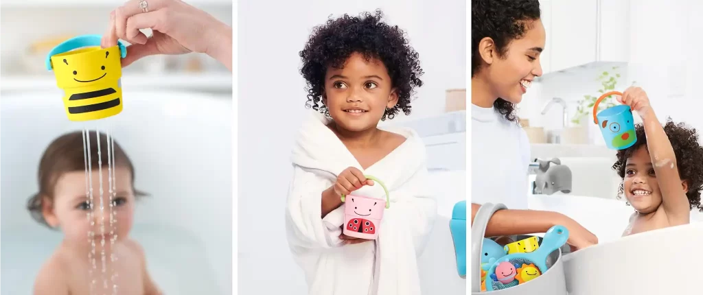 Three images showing kids playing with Skip Hop Baby Bath Toy Zoo Stack & Pour Buckets. One image shows a parent pouring water from a bee-shaped bucket over a child’s head, another shows a child holding a ladybug bucket, and the last image shows a child holding a dog bucket, making bath time fun and interactive.