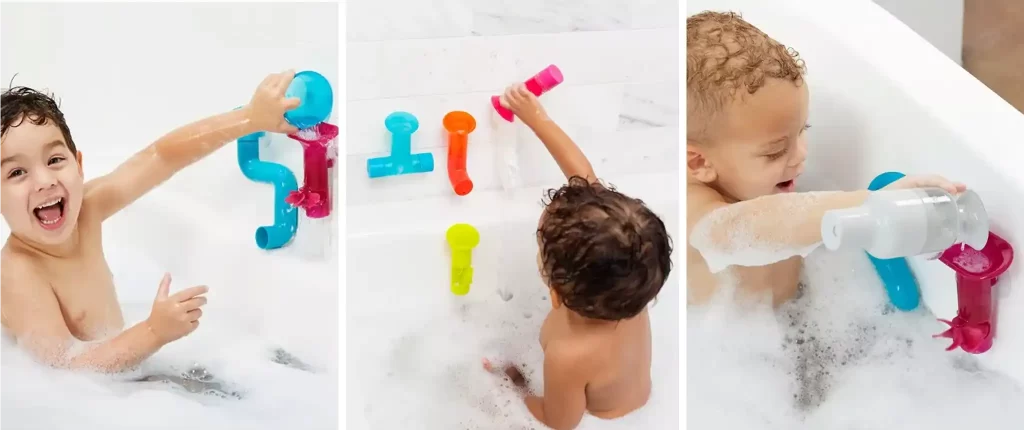 Three images showing kids playing with Boon Building Bath Pipes baby bath toys in the bathtub. The children are having fun pouring water through the colorful pipe pieces attached to the tub wall, enhancing their bath time with creative water flow activities.