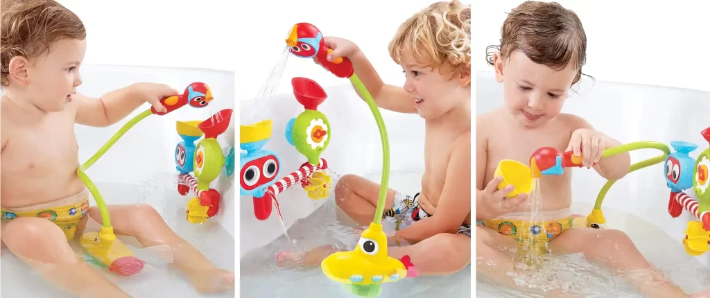 Three images showing children playing with the Yookidoo Submarine Spray Station baby bath toy. The kids are engaging with the interactive submarine spray station, pouring water and watching the colorful water spouts and spinning features, making bath time exciting and fun.