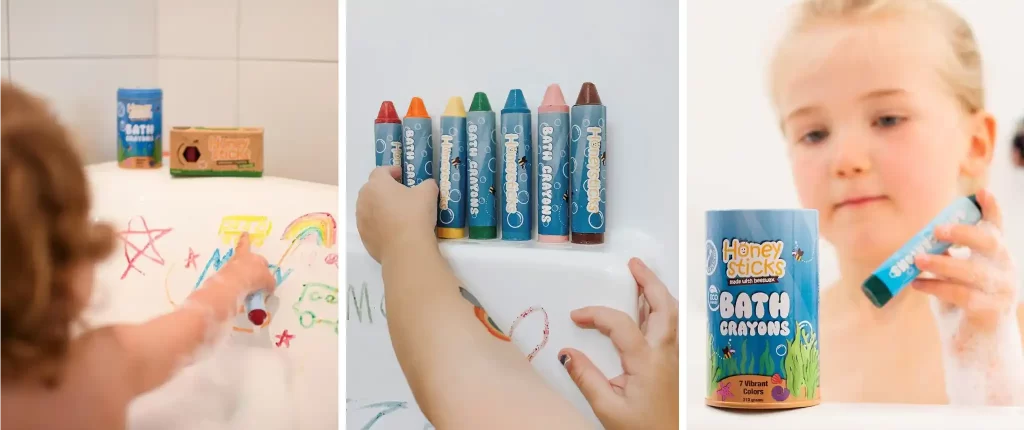 Three images showing kids drawing with Honeysticks Super Jumbo Bath Crayons on the bathtub walls. The children are engaged in creating colorful art, using the vibrant, non-toxic bath crayons, making bath time creative and fun.