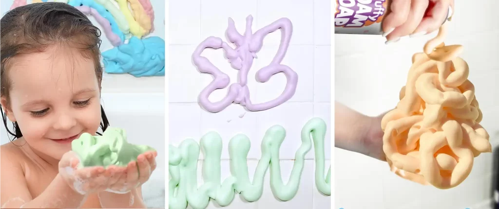 Three images showing children playing with Tub Works Fluffy Foam Soap during bath time. The kids are shaping, molding, and creating fun designs with the colorful and fluffy foam soap, enhancing their bath time experience.