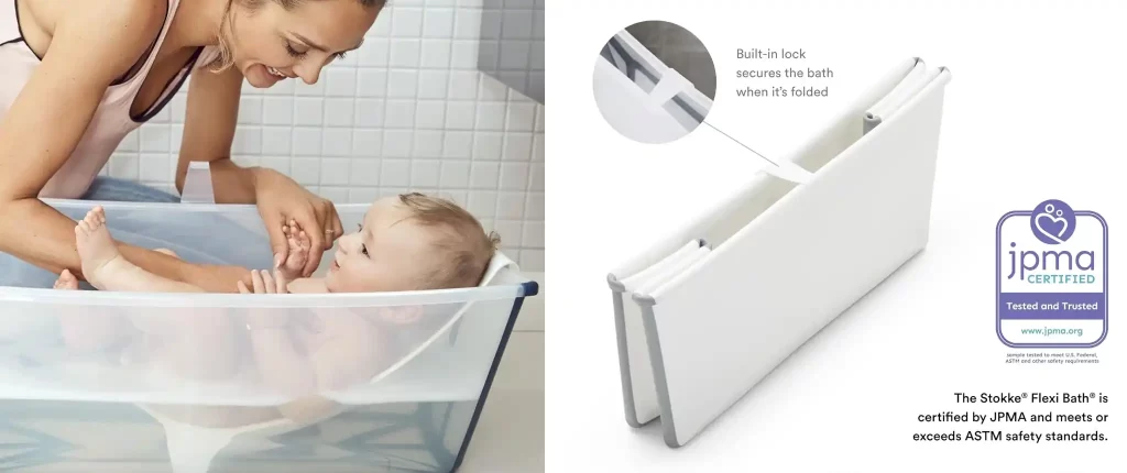 A mother bathing her baby in the Stokke Flexi Bath, showing the foldable design and built-in lock feature of the baby bath tub.