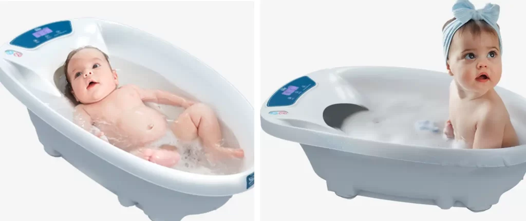 A baby being bathed in the AquaScale 3-in-1 Digital Scale and Thermometer baby bath tub, showing the baby enjoying bath time with the digital scale and thermometer features.