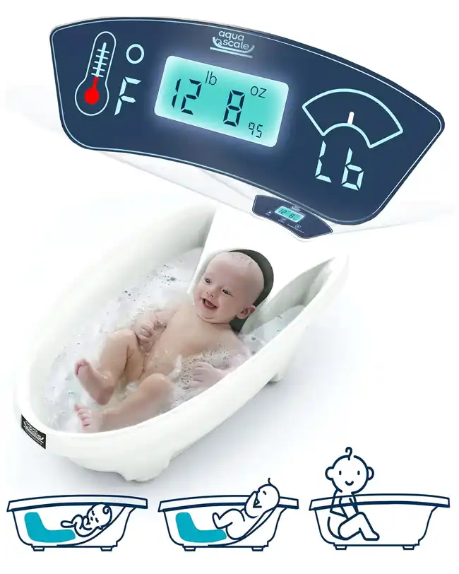 The AquaScale 3-in-1 Digital Scale and Thermometer baby bath tub showcasing its built-in digital scale and thermometer, providing a convenient and safe bathing experience for babies.