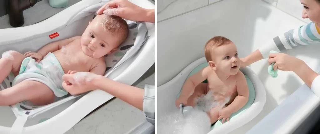 The image is showing a newborn being washed gently in the baby bath tub.