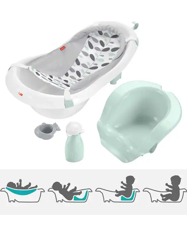 The Fisher-Price 4-in-1 Sling 'n Seat Tub with its accessories, including a water scoop and squeeze bottle, illustrating the various stages of use for the baby bath tub.