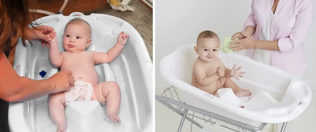 A baby being bathed in the Primo EuroBath, showing the baby enjoying bath time in the spacious and supportive baby bath tub.