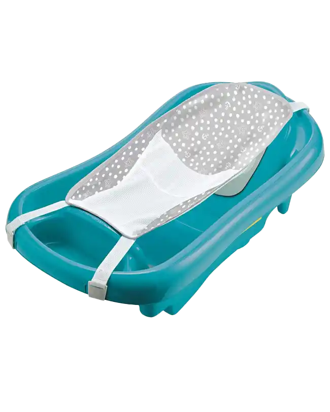 The First Years Sure Comfort Deluxe baby bath tub showcasing its design with a newborn sling, perfect for providing a comfortable and secure bathing experience for babies.