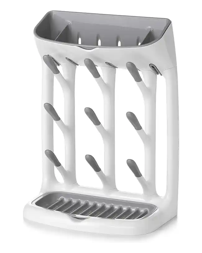 OXO Tot Space Saving Drying Rack, compact and flexible design for drying baby bottles and pump parts.