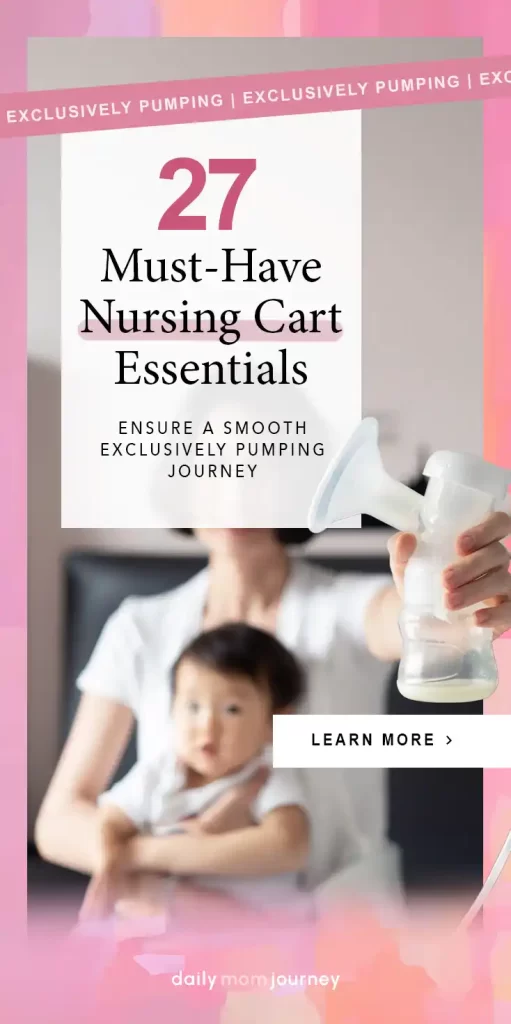 A mother holding a breast pump with her baby in the background, highlighting essential nursing cart supplies for breast pumping moms.