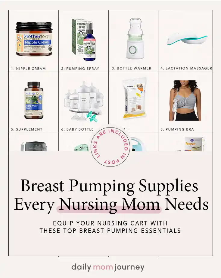 A grid layout of various breast pumping supplies, including nipple cream, pumping spray, and bottle warmer, for nursing moms.