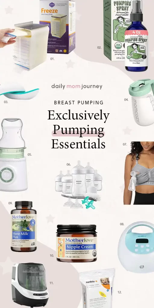 A collage of essential breastfeeding and pumping supplies, featuring a variety of products like pumping spray, baby bottles, and supplements for exclusively pumping moms.