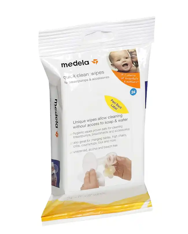 Medela Quick Clean Breast Pump & Accessory Wipes for on-the-go cleaning of breast pumping parts and accessories.