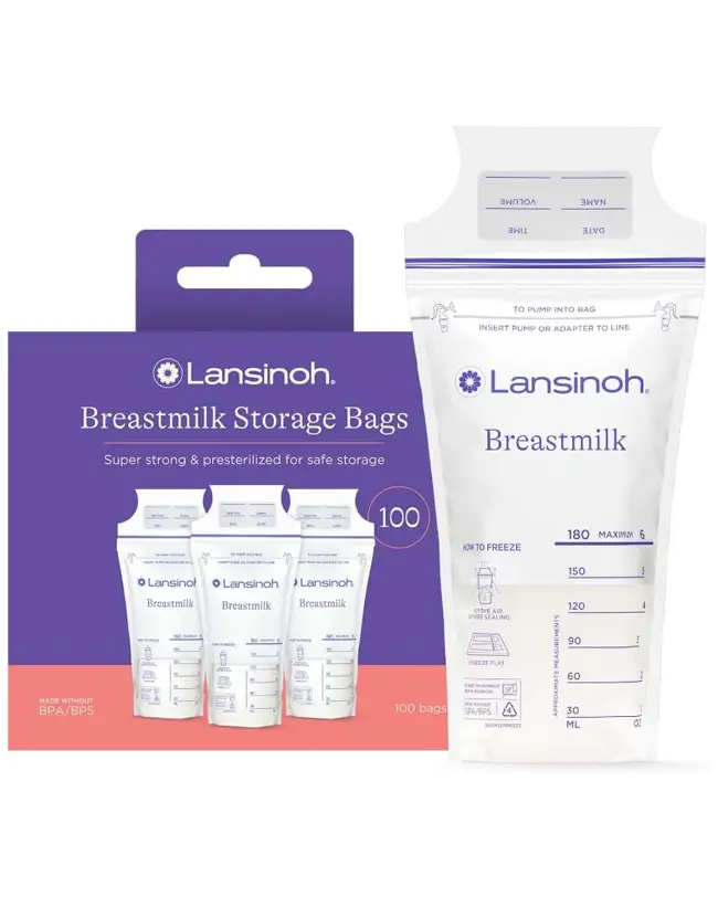 Lansinoh Breastmilk Storage Bags are pre-sterilized for safe storage, a must-have in your breastfeeding essentials and nursing cart supplies.