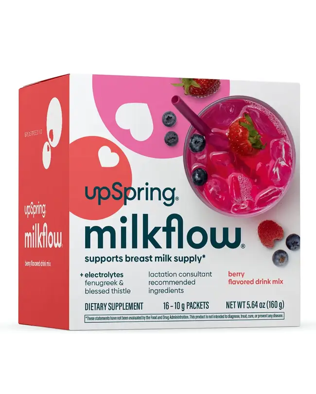 UpSpring Milkflow Electrolyte Drink Mix supports milk supply, a must-have in your breastfeeding supplies and nursing cart essentials.