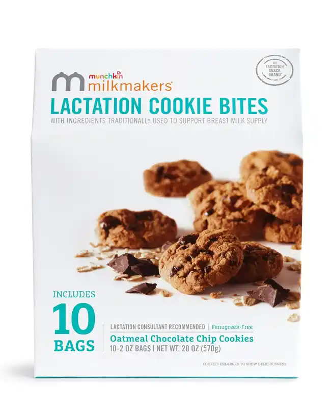 Munchkin Milkmakers Lactation Cookie Bites are delicious and support milk supply, an essential breastfeeding supply for your nursing cart essentials.