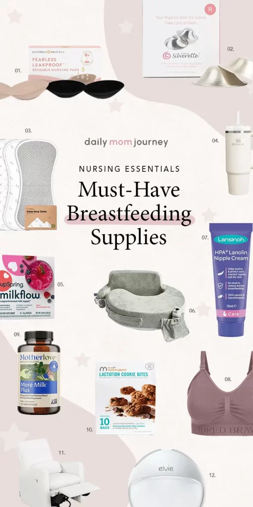 A collage of must-have breastfeeding supplies, including nursing bras, nipple cream, nursing pads, and more, for new moms.