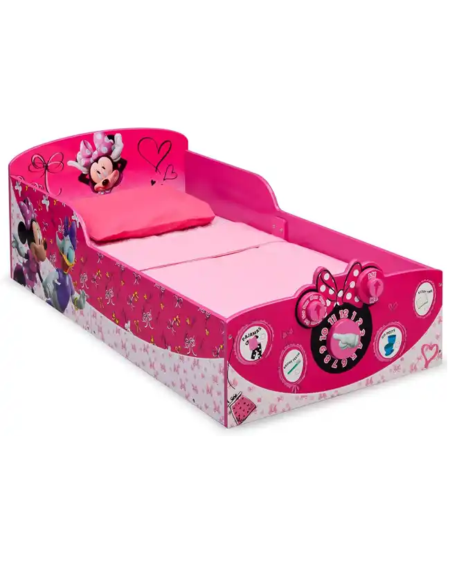 A vibrant and fun Disney Minnie Mouse-themed toddler floor bed designed in a Montessori style. The bed features a pink frame adorned with colorful graphics of Minnie Mouse and friends, creating an exciting and playful sleep environment. The low profile of the bed encourages independence, allowing young children to easily get in and out of bed. Perfect for little Disney fans, this Montessori bed adds a touch of magic to any child's bedroom.