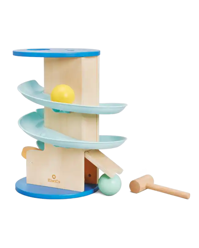  A wooden ball drop tower with blue spiral ramps and colorful balls, ideal for Montessori toys for 1 year olds.